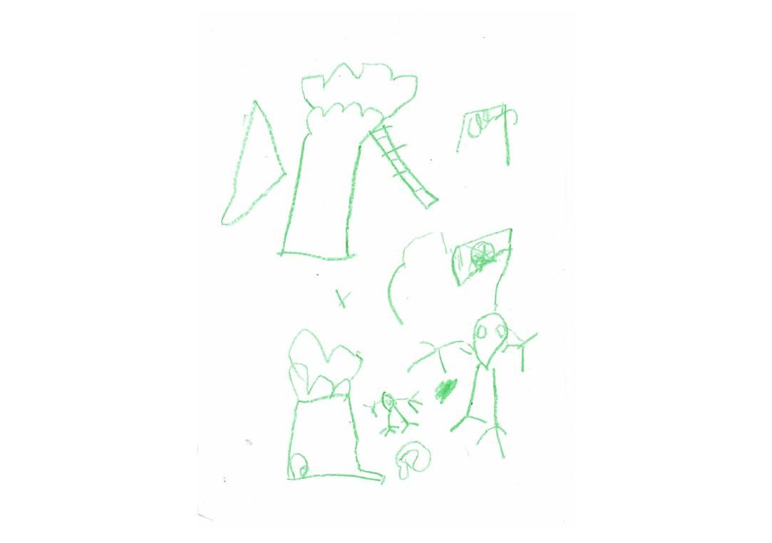 A child's crayon drawing of a tree, a slide and two figures, in green.